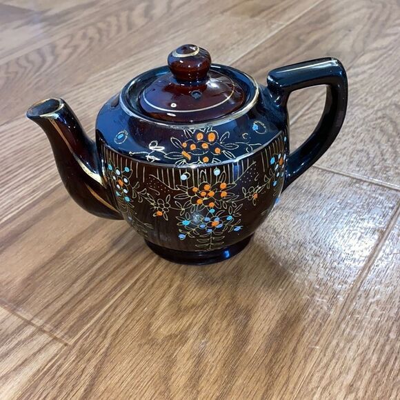 Redware Other - Vintage Redware Japan One cup Hand-painted Floral Teapot Gold  Accents